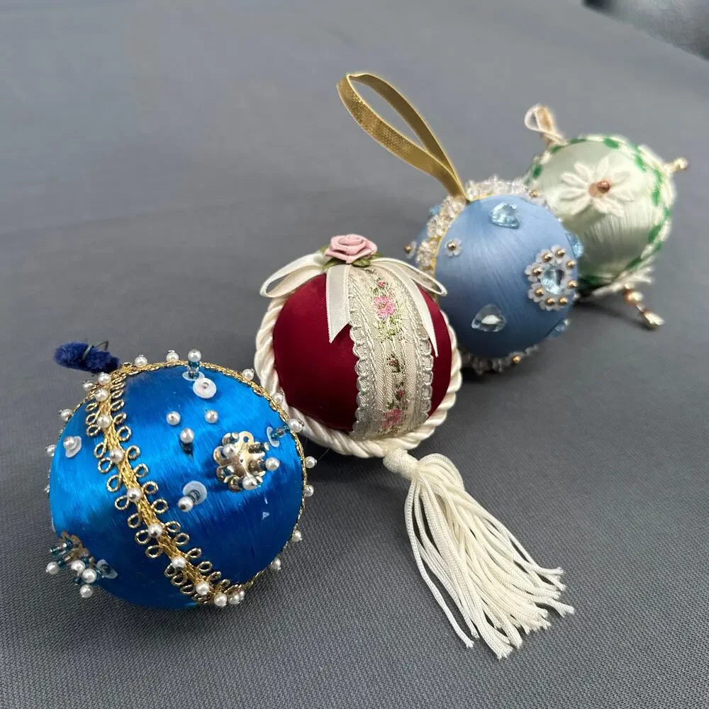 4 VTG Handmade Push Pin Satin Ball Ornament Bead Sequin Christmas ribbon Kitschy